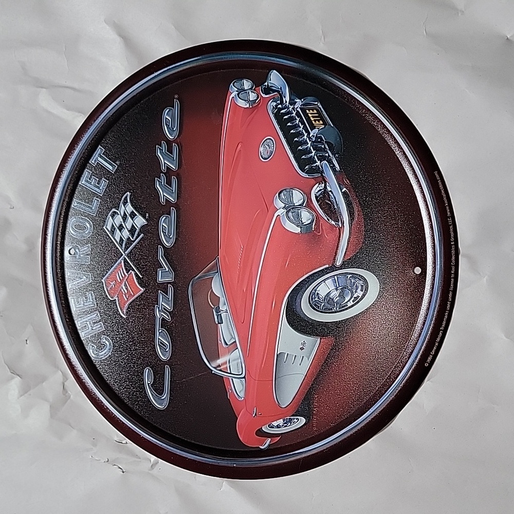 Chevrolet Corvette Red & White Round Metal Sign – 12" Diameter – Wall Décor